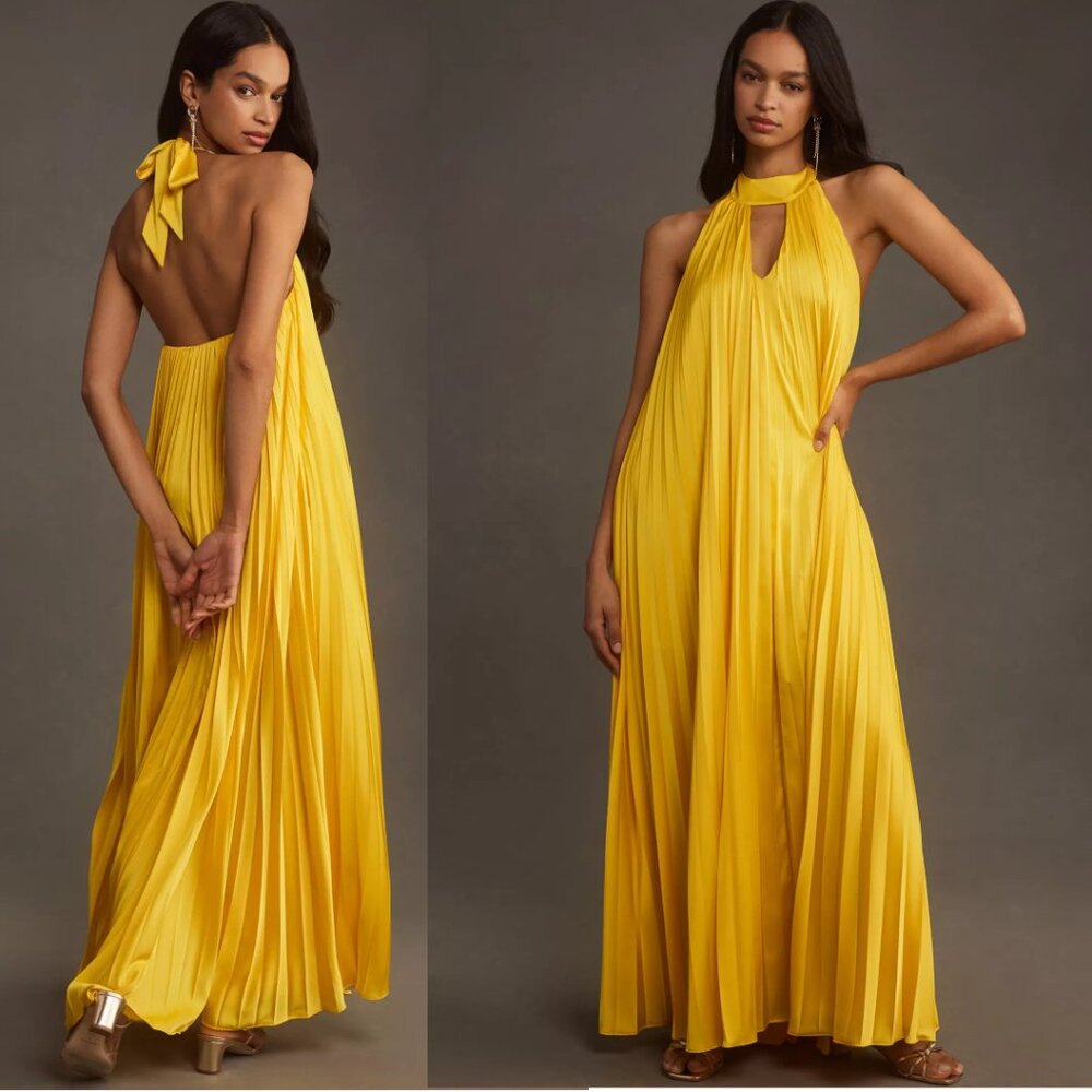 ANTHROPOLOGIE Hutch Halter Pleated Maxi Dress XXSP  new with tag yelloW